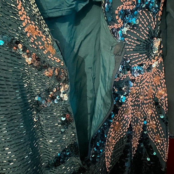 Demetrios Designs Turquoise 80s 90 Beaded Evening Gown Sz M Long Sleeve Cut Out - Picture 10 of 11